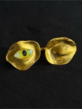 Schiaparelli Inspired Gold Eye Ring with Green Accent